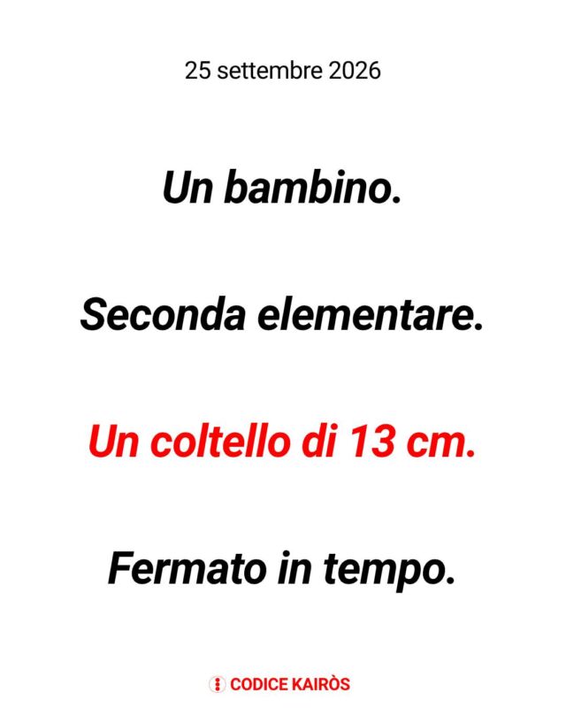 #minori #secondaelementare #segnale #giocattolo #figlie #figli #bambino #bambina #codicekairòs Un bambino.Seconda elementare.Un coltello di 13 centimetri.Fermato in tempo.Non lo ha usato. Non ha ferito nessuno. È stata una sua compagna, non un adulto, ad accorgersene per prima.Dietro, pare, una lite tra bambini per un giocattolo rubato.Ed è un dovere fare una riflessione, prima ancora di spaventarci:un bambino di sei anni ha imparato, da qualche parte, che un torto si ripara con una lama. Non ha inventato nulla. I bambini non scrivono copioni nuovi ma replicano quello che vedono, sentono, respirano: a casa, in un video, in un gioco, in un adulto che urla invece di mediare.Il sindaco di Trepuzzi ha chiesto di non cedere all'allarmismo.Ma quanto accaduto è un segnale da non sottovalutare, e arriva dopo vicende in cui altre lame son state usate, producendo un'eco mediatica.Stiamo sbagliando. Tutte e tutti!Ma possiamo ancora fare qualcosa! Adesso. Ora.
